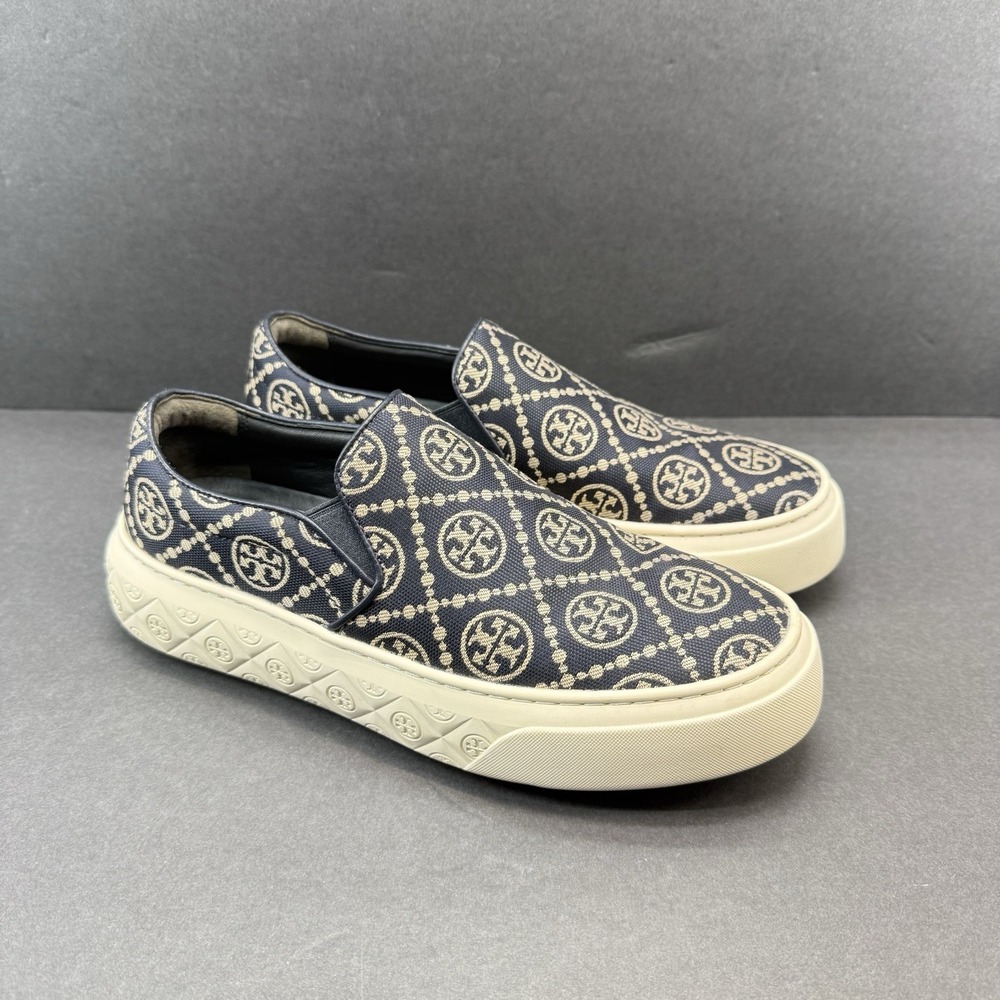 Tory Burch T Monogram Slip-On Sneaker Navy Hazel Jacquard Flat Shoes Size 7 M